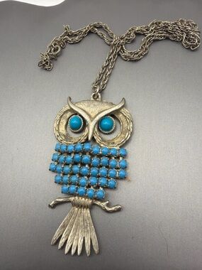 1970s Owl Pendant Turquoise Blue Necklace Moving Parts